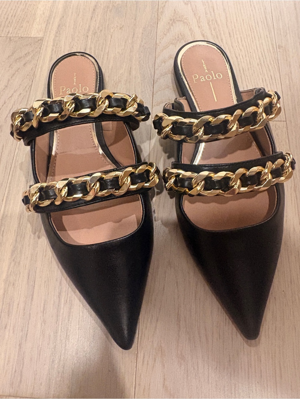 Paolo Black Pointed Mules with Gold Chain Straps